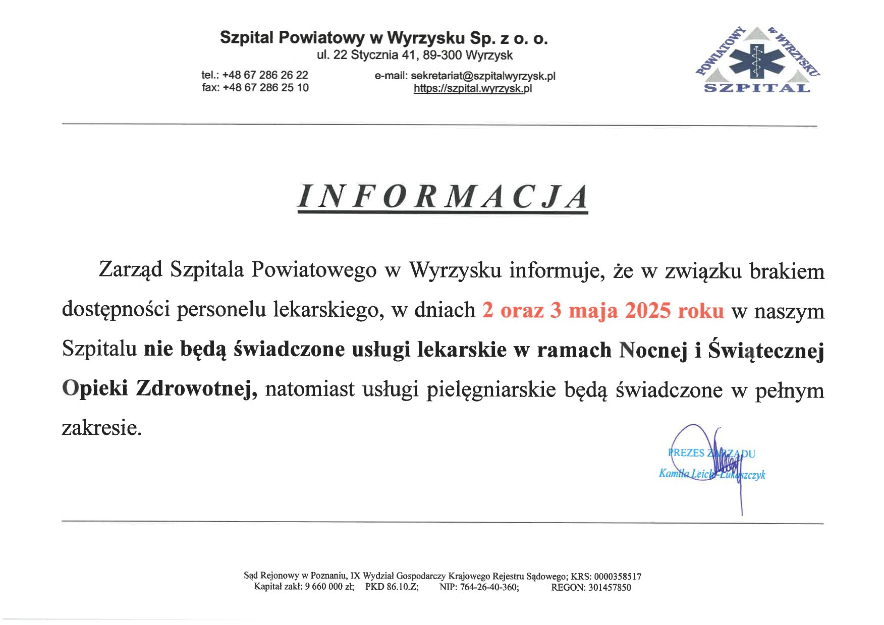 Informacja Zarządu Szpitala w związku z brakiem dostępności do lekarzy Nocnej i Świątecznej Opieki Zdrowotnej w dniach 02-03.maja 2025r.  